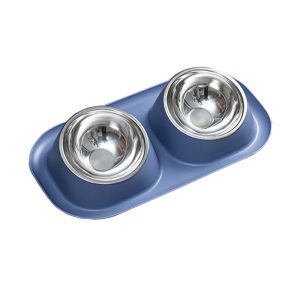 Elevated Double Pet Bowl with Stainless Steel Bowls – Anti-Tip Slanted Neck Feeder (Blue)