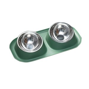Elevated Double Pet Bowl with Stainless Steel Bowls – Anti-Tip Slanted Neck Feeder (Green)