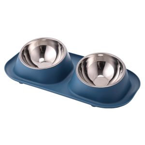 Elevated Double Pet Bowl with Stainless Steel Bowls – Anti-Tip Slanted Neck Feeder (Navy Blue)