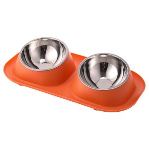 Elevated Double Pet Bowl with Stainless Steel Bowls – Anti-Tip Slanted Neck Feeder (Orange)