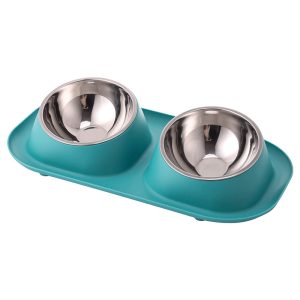 Elevated Double Pet Bowl with Stainless Steel Bowls – Anti-Tip Slanted Neck Feeder (Teal Green)