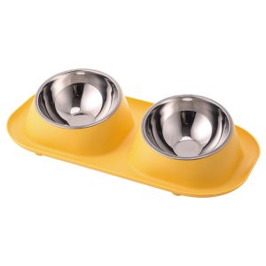 Elevated Double Pet Bowl with Stainless Steel Bowls – Anti-Tip Slanted Neck Feeder (Yellow)