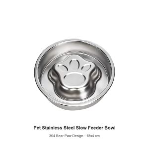 Pet Stainless Steel Slow Feeder Bowl - 304 Bear Paw Design, Anti-Choke & Non-Tip (A104)