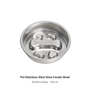 Pet Stainless Steel Slow Feeder Bowl - 304 Bone Design, Anti-Choke & Non-Tip (A104)