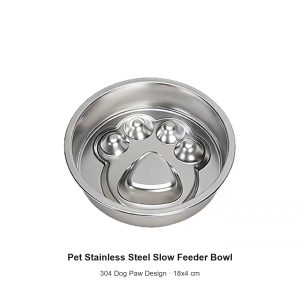 Pet Stainless Steel Slow Feeder Bowl - 304 Dog Paw Design, Anti-Choke & Non-Tip (A104)