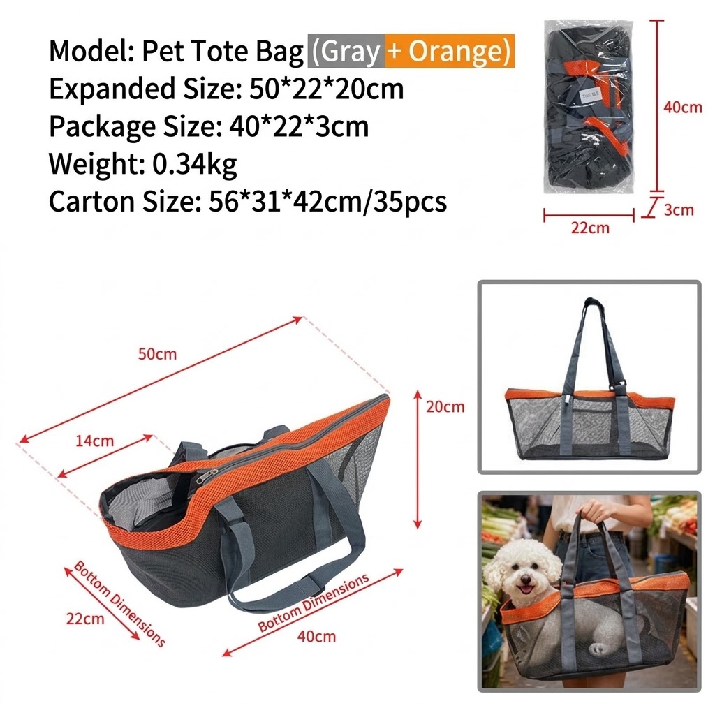 Pet tote bag model and size reference