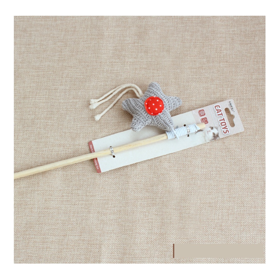 Wooden Wand Feather & Bell Cat Toy - Traditional Wand with Mouse & Feather Refill – Grey