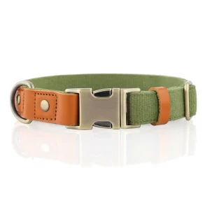 Natural Linen Blend Dog Collar — Breathable Leather Splicing | Army Green