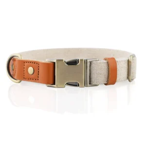 Natural Linen Blend Dog Collar — Breathable Leather Splicing | Beige