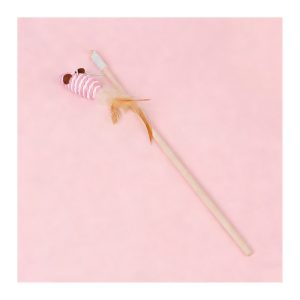 Wooden Wand Feather & Bell Cat Toy - Traditional Wand with Mouse & Feather Refill - Pink