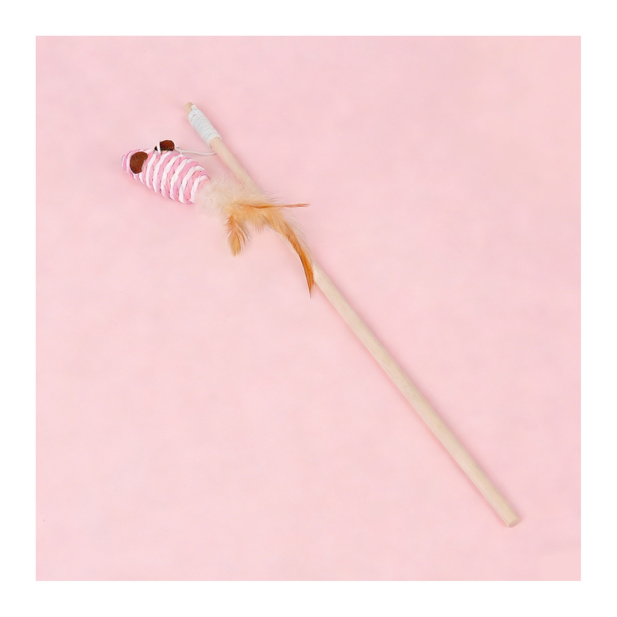 Wooden Wand Feather & Bell Cat Toy - Traditional Wand with Mouse & Feather Refill - Pink