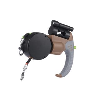 Dual-Dog Retractable Coupler Leash – Khaki Dual-Head 3m with Light