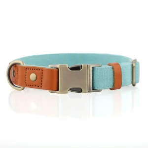 Natural Linen Blend Dog Collar — Breathable Leather Splicing | Lake Blue
