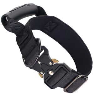 Nylon Tactical Dog Collar & Leash – Black Alloy Collar