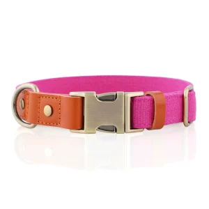 Natural Linen Blend Dog Collar — Breathable Leather Splicing | Rose Red