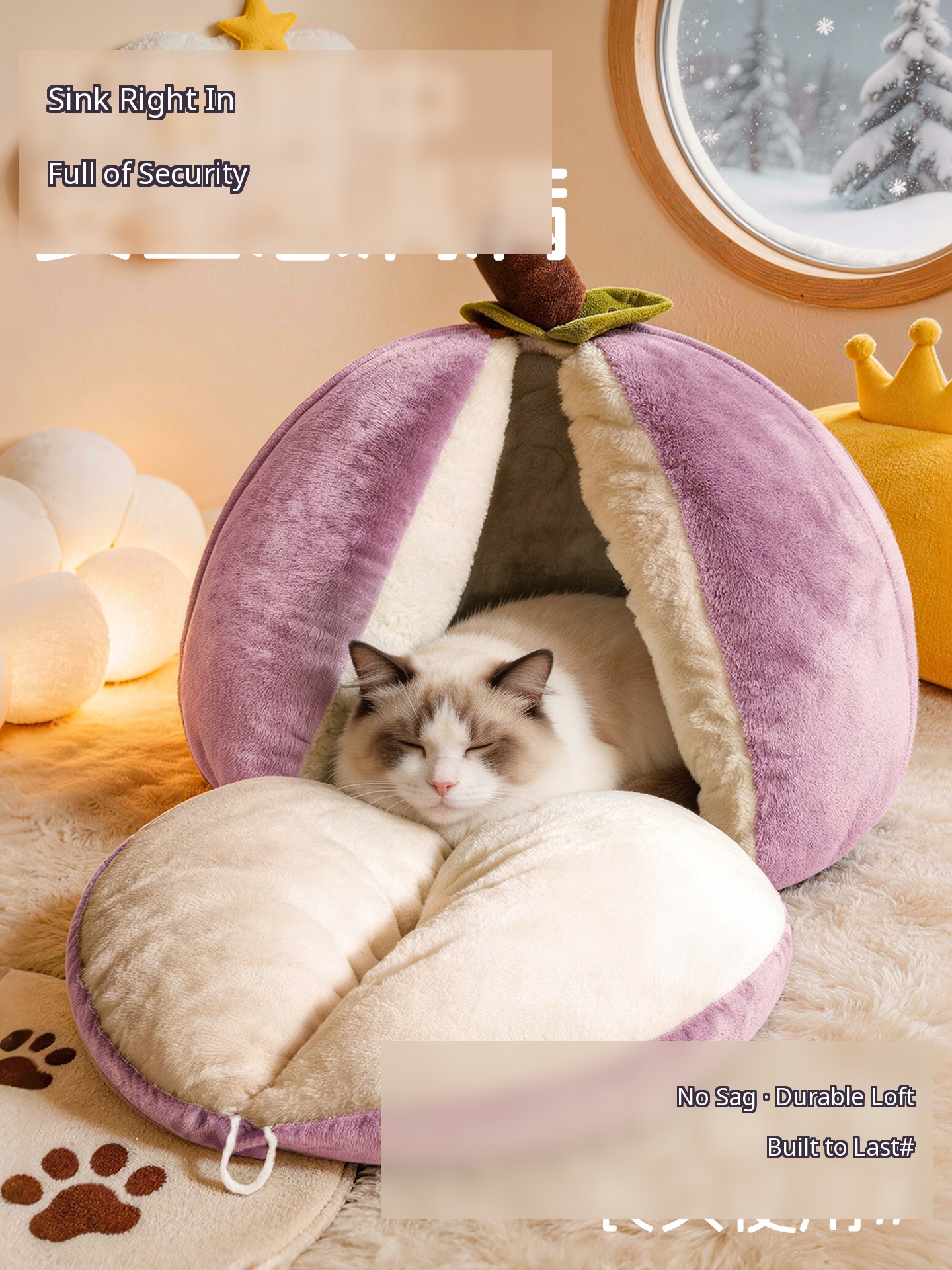 Purple Mangosteen Semi-Enclosed Pet Cave — Open/Close Nest - Image 9
