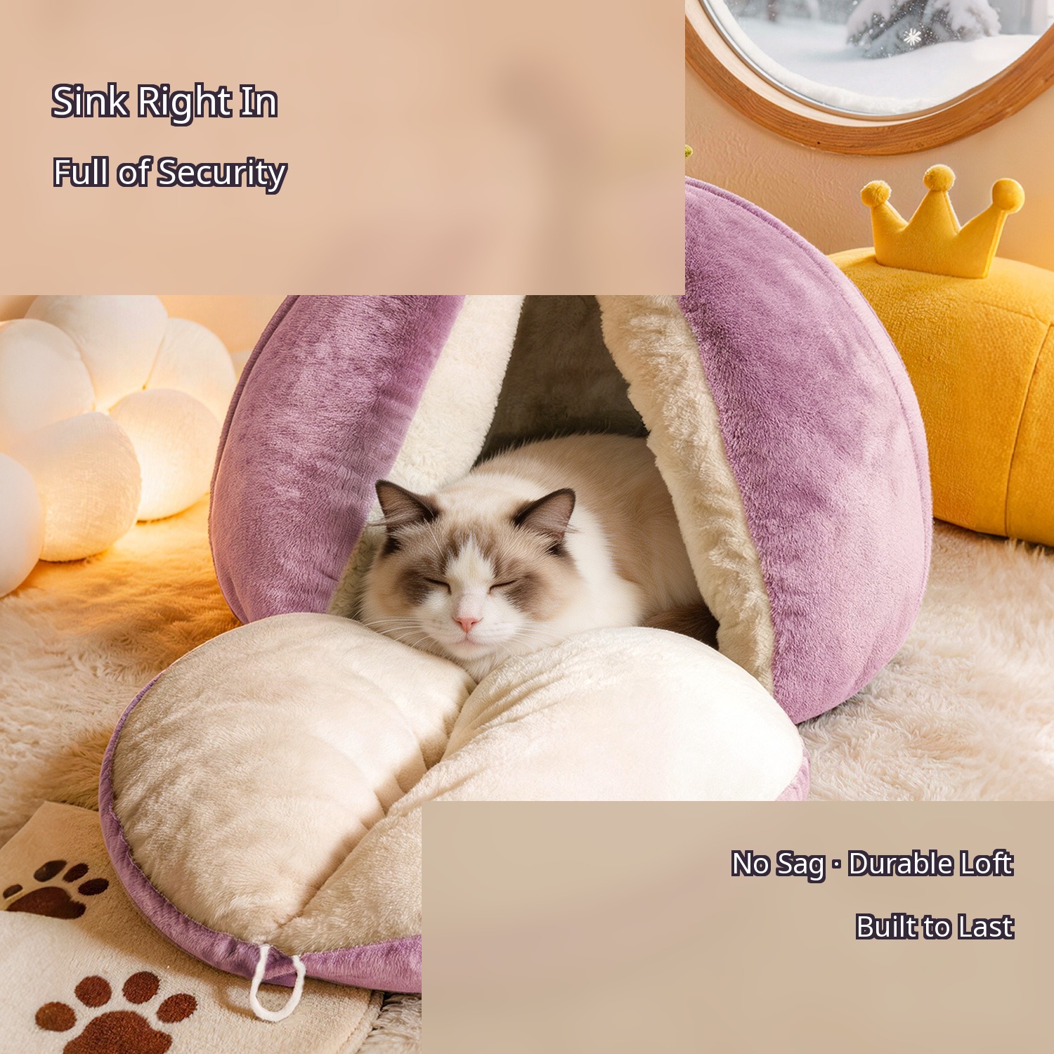 Purple Mangosteen Semi-Enclosed Pet Cave — Open/Close Nest - Image 5