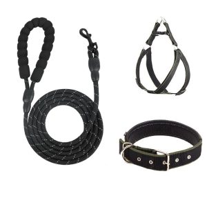 Reflective Rope Dog Leash 3-Piece Set — Leash, Harness & Collar (Black)