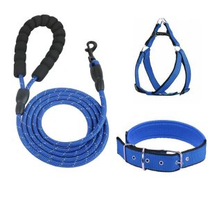Reflective Rope Dog Leash 3-Piece Set — Leash, Harness & Collar (Blue)