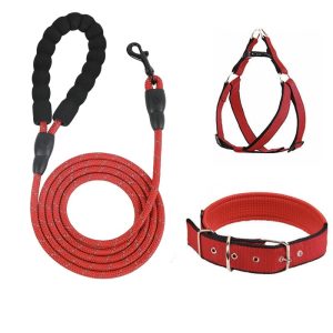 Reflective Rope Dog Leash 3-Piece Set — Leash, Harness & Collar (Red)